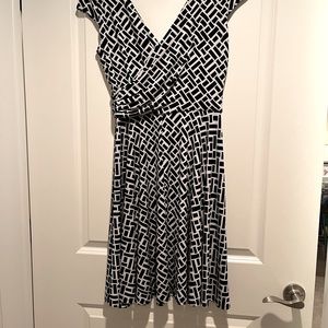 Geometric print faux wrap v-neck dress.